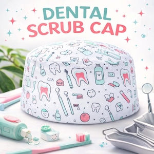 Dental Hygienist Scrub Cap, Toothpaste & Dental Icon Surgical Cap, Unisex Dental Scrub Hat for Hygienist and Dental Students