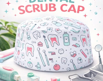 Dental Hygienist Scrub Cap, Toothpaste & Dental Icon Surgical Cap, Unisex Dental Scrub Hat for Hygienist and Dental Students