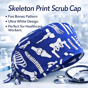 Bones Spine Scrub Cap, Orthopedic Surgical Hat for Doctors Nurses & Techs, Blue Anatomy Print Scrub Hat, Unisex or Male Cut, Medical Gift