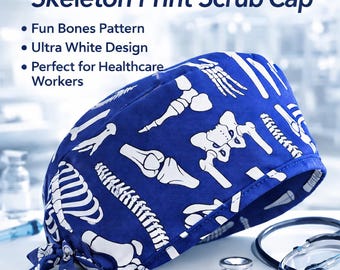 Bones Spine Scrub Cap, Orthopedic Surgical Hat for Doctors Nurses & Techs, Blue Anatomy Print Scrub Hat, Unisex or Male Cut, Medical Gift