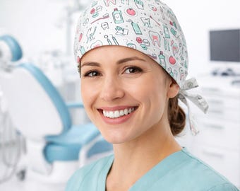 Dental Print Scrub Cap, Unisex Tie Back Scrub Hat for Dentists & Hygienists, Cute Dental Assistant Surgical Cap, Gift for Dental Teams