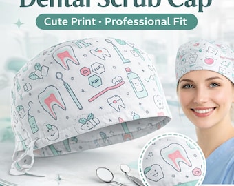 Custom Dentist Office Scrub Caps, Dental Team Scrub Hats in Unisex or Male Cut, Matching Dental Print Surgical Caps for Clinics