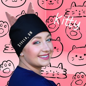 Women&#39;s Cat Lover Scrub Hat with Adorable Kitty Ears - Handmade Surgical Cap