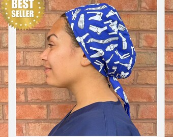 Neurosurgery Scrub Cap: Spine & Bone - Blue Cotton Tie-Back