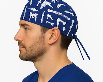 Gorro quirúrgico de esqueleto azul: ortopedia, veterinaria y odontología. Gorro quirúrgico de algodón con lazo en la parte posterior.