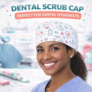 Dental Hygienist Scrub Cap, Toothpaste Toothbrush Print Surgical Cap, Unisex Tie Back Scrub Hat for Hygienist, Dentist, Assistant & Student