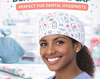 Dental Hygienist Scrub Cap, Toothpaste Toothbrush Print Surgical Cap, Unisex Tie Back Scrub Hat for Hygienist, Dentist, Assistant & Student
