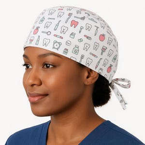 Dental Scrub Cap | White Tooth Print Scrub Hat | Unisex or Male Cut | Dentist, Dental Assistant, Hygienist Gift | Cute Tooth Cap