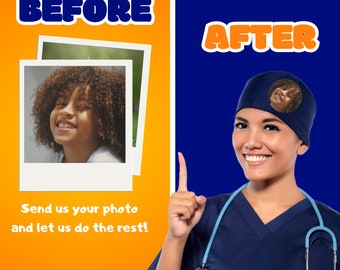 May include: Before and after image showing a personalized scrub hat with a photo of a person on it. The text "Send us your photo and let us do the rest!" is on the image.