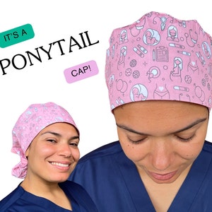 WOMEN&#39;S PONYTAIL Scrub Hats || Ponytail Scrub Cap, Scrub Cap for Long Hair | Pink Scrub Cap for Women by Gotucovered Caps USA and Canada