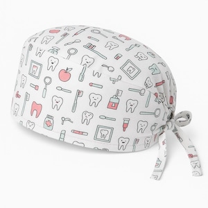 Dental Assistant Scrub Cap | White Tooth Print Surgical Hat | Unisex or Male Fit | Fun Dental Tools Cap |  Unisex + Male Cut Adjustable Fit