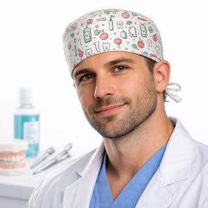 Touca Cirúrgica Masculina para Dentista, com Estampa de Dentes, Ideal para Higienistas Dentais e Dentistas, Perfeita para as Festas de Fim de Ano e com Design Elegante para Homens
