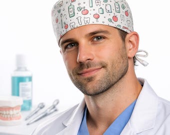 Gorro quirúrgico para hombre, gorro quirúrgico con estampado dental, regalo para higienistas dentales y dentistas, gorro quirúrgico para fiestas, corte elegante para hombre.