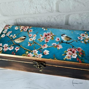 Teebox aus Holz Personalisierte Tee Tasche Organizer Blau Chinoiserie Vögel Geschenk für Teeliebhaber Tee Gastgeschenke