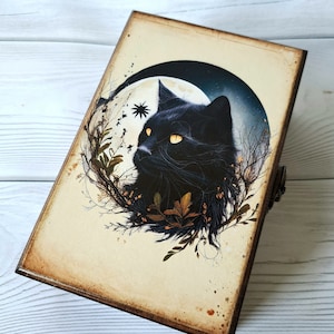 Gepersonaliseerde houten aandenkendoos Tarotkaartdoos Mystieke Black Cat Tarotkaarthouder