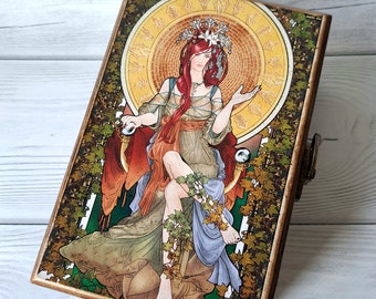 Boîte à souvenirs en bois personnalisée Alphonse Mucha Tarot card box art nouveau Tarot card holder