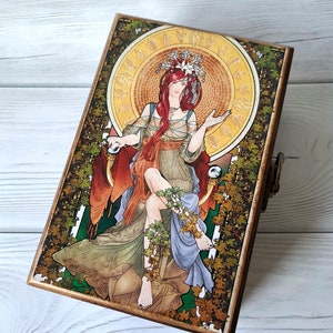 Caja de recuerdo de madera personalizada Alphonse Mucha Tarot card box art nouveau Tarot card holder