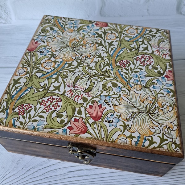 William Morris wooden tea box Personalized tea bag organizer Golden Lily for tea lovers Tea party favors
