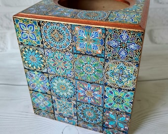 Navy blue Talavera tiles style tissue box Wooden tissue storage holder Napkin case organizer Wooden tissue cover