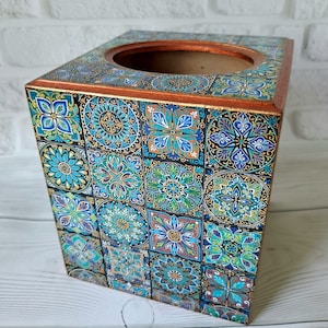 Scatola per fazzoletti stile piastrelle Talavera blu navy Porta fazzoletti in legno Porta tovaglioli Porta fazzoletti in legno