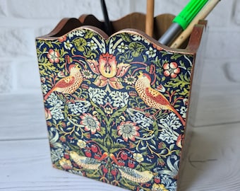 Wooden pen holder William Morris Strawberry Thief Wood desk organizer Wooden pencil holder Teacher gifts
