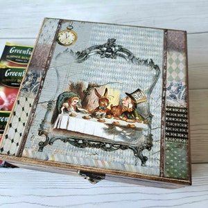 Boîte à thé personnalisée en bois Alice tea party Rangement de thé du chapelier fou organisateur de sachets de thé boîte à thé cadeau