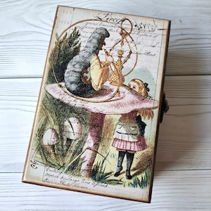 Gepersonaliseerde houten herinneringsdoos Alice Tarotkaartdoos Paddenstoel Tarotkaarthouder