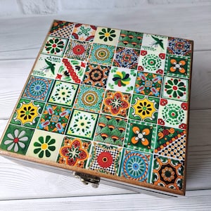 Personalized wooden tea box Talavera tiles style Green tea storage box Tea bag organizer Personalized Christmas gifts