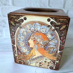 Alphonse Mucha tissue box Wooden tissue storage holder Napkin case organizer Wooden tissue cover