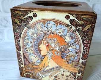 Alphonse Mucha tissue box Wooden tissue storage holder Napkin case organizer Wooden tissue cover