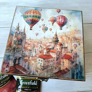 Personalized wooden tea box  Hot Air Balloons tea storage Tea bag organizer Tea box gift