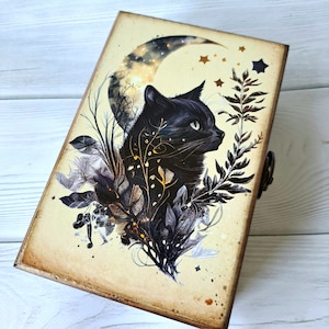 Gepersonaliseerde houten aandenkendoos Tarotkaartdoos Mystical Black Cat Tarotkaarthouder Kerstcadeau-idee