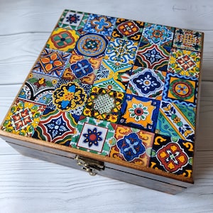 Personalized Talavera tiles style tea box Tea storage Tea bag organizer Tea box gift