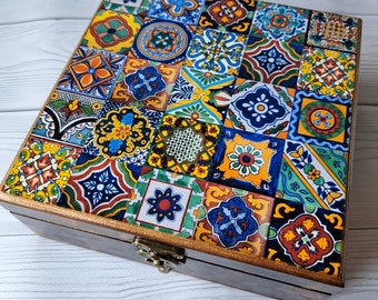 Personalized Talavera Tea Box, Wooden Tea Bag Organizer