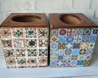 Wooden tissue holder Talavera tiles style tissue box Farmhouse style Home decor