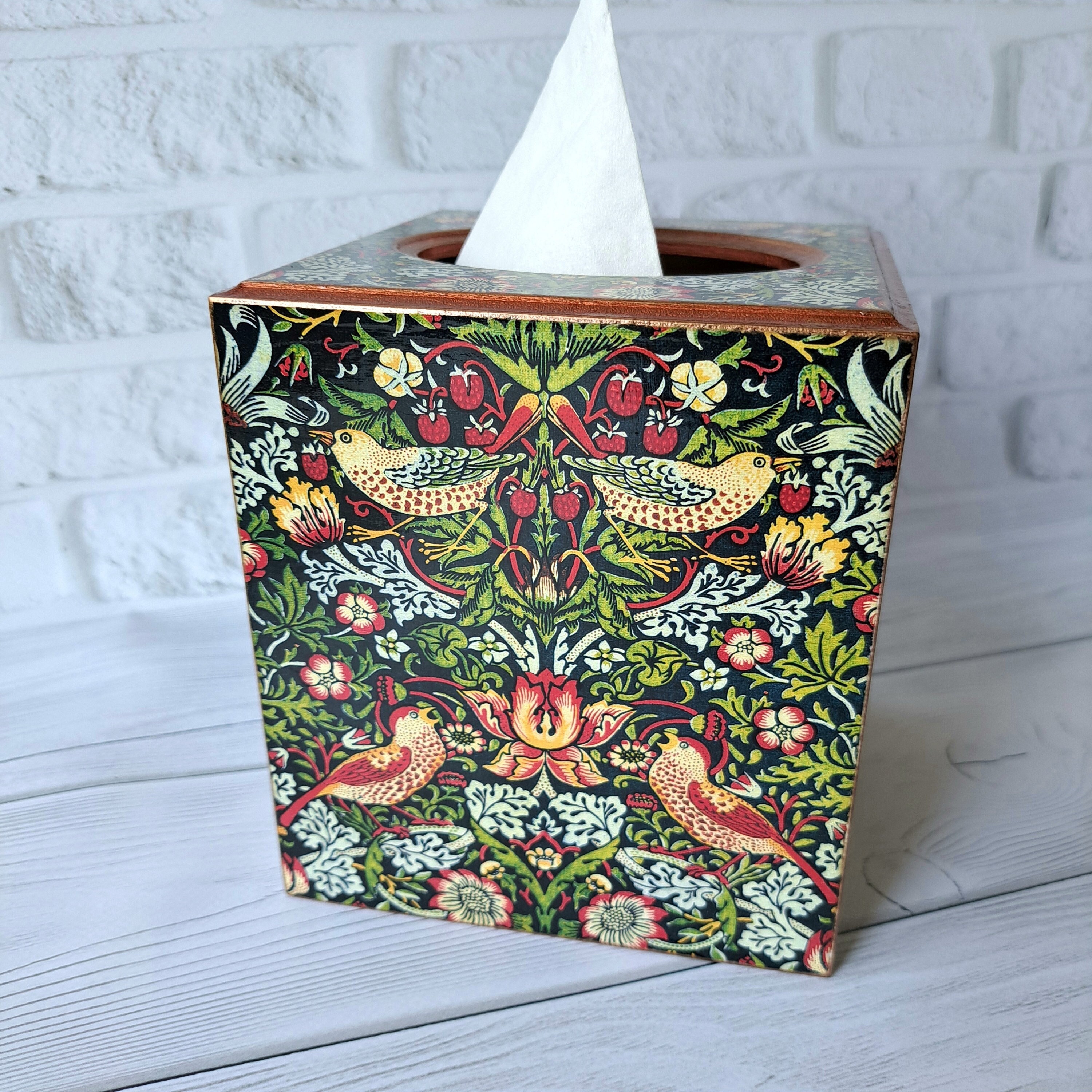 William Morris tissue box Wooden tissue storage holder Strawberry Thief Napkin case organizer Wooden tissue cover