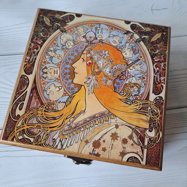 Boîte souvenir en bois personnalisée Alphonse Mucha Petite boîte en bois Art nouveau Boîte à bibelots avec couvercle