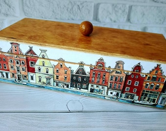 Personalized wooden tea box Amsterdam houses tea storage with slots Tea bag organizer Tea lover gift Kitchen organizer Mother's Day gift