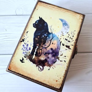 Gepersonaliseerde houten aandenkendoos Tarotkaartdoos Mystical Black Cat Tarotkaarthouder
