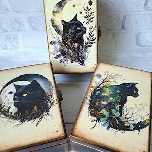 Boîte souvenir personnalisée en bois Boîte pour cartes de tarot Porte-cartes de tarot mystique chat noir
