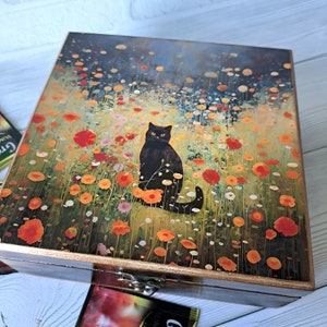 Gepersonaliseerde houten theedoos Gustav Klimt-stijl Thee-opslag Garden Cat theezakjeorganizer Theedoos cadeau