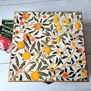 Scatola da tè in legno personalizzata Conservazione del tè William Morris Organizzatore di bustine di tè alla frutta o al melograno Regalo in scatola da tè