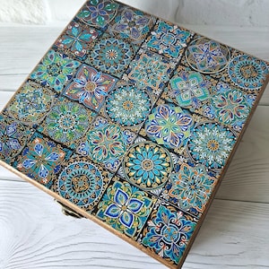 Personalized Navy blue Talavera tiles style tea box Tea storage Tea bag organizer Tea box gift