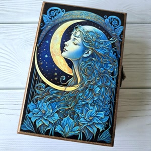 Gepersonaliseerde houten aandenkendoos Tarotkaartdoos Moon Goddess Tarotkaarthouder