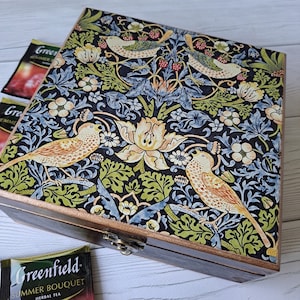 Personalized wooden tea box William Morris tea storage Strawberry Thief tea bag organizer Tea box gift