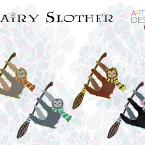 May include: Four enamel pins depicting sloths riding broomsticks. The sloths are wearing glasses and scarves in various colours. The pins are set against a white background with a floral design.