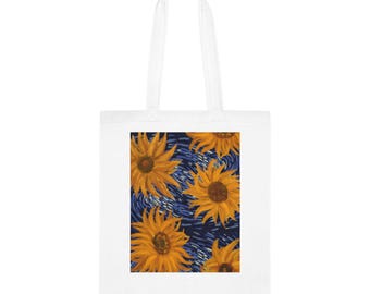 Borsa tote in cotone con motivo a spirale di girasoli / Stampa artistica floreale dai colori vivaci