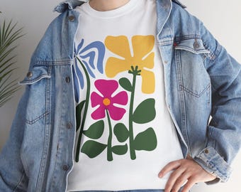 T-shirt con stampa floreale a blocchi audace / Maglietta con fiori astratti colorati
