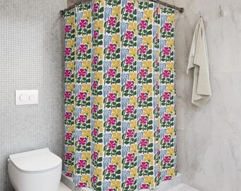 Tenda da doccia con motivo floreale audace / Fiori rosa, gialli e blu