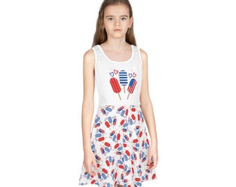 Abito estivo da bambina con stampa di ghiaccioli patriottici / Stampa di gelati rossi, bianchi e blu